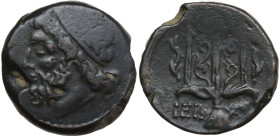Sicily, Syracuse. Hieron II (275-215 BC). Æ (19mm, 6.32g). Head of Poseidon l., wearing tainia. R/ Ornamented trident head flanked by two dolphins. CN...