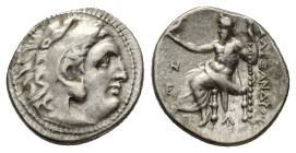 Kings of Macedon, Alexander III ‘the Great’ (336-323 BC). AR Drachm (18mm, 4.24g). Magnesia, c. 305-297. Head of Herakles r., wearing lion’s skin head...