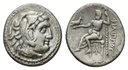 Kings of Macedon, Philip III Arrhidaios (323-317 BC). AR Drachm (16mm, 4.11g). Magnesia ad Maeandrum, c. 323-319 BC. Head of Herakles r., wearing lion...