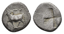 Thrace, Byzantion, c. 387/6-340 BC. AR Half Siglos (13mm, 2.13g). Bull standing l. on dolphin l. R/ Quadripartite incuse square. Schönert-Geiss, Byzan...