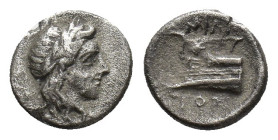 Bithynia, Kios, c. 345-315 BC. AR Hemidrachm (10mm, 1.50g). Miletos, magistrate. Laureate head of Apollo r. R/ Prow of galley l., ornamented with a st...