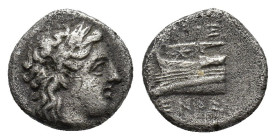 Bithynia, Kios, c. 345-315 BC. AR Hemidrachm (13mm, 2.11g). Proxenos, magistrate. Laureate head of Apollo r. R/ Prow of galley l., ornamented with sta...