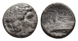 Bithynia, Kios, c. 345-315 BC. AR Hemidrachm (12mm, 2.17g). Proxenos, magistrate. Laureate head of Apollo r. R/ Prow of galley l., ornamented with sta...