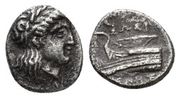 Bithynia, Kios, c. 345-315 BC. AR Hemidrachm (13mm, 2.59g). Sosigenes, magistrate. Laureate head of Apollo r. R/ Prow of galley l.; ΣΩΣI/ΓENHΣ above a...