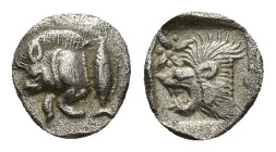 Mysia, Kyzikos, c. 450-400 BC. AR Hemiobol (8mm, 0.39g). Forepart of boar l.; tunny to r. R/ Head of lion l.; star to l.; all within incuse square. Vo...