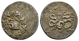 Mysia, Pergamon, c. 166-67 BC. AR Cistophoric Tetradrachm (25.5mm, 12.52g), c. 88-85 BC. Cista mystica within ivy wreath. R/ Two serpents entwined aro...