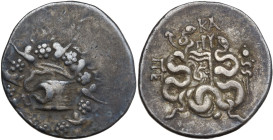 Mysia, Pergamon, c. 166-67 BC. AR Cistophoric Tetradrachm (28mm, 12.30g). Cista mystica with serpent; all within ivy wreath. R/ Bow case with serpents...