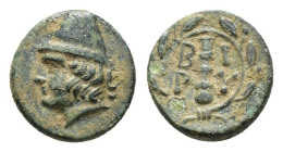 Troas, Birytis, 4th-3rd centuries BC. Æ (11mm, 1.39g). Head of Kabeiros l., wearing pileos; two stars above. R/ Club within wreath. SNG Arikantürk 346...