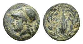 Aeolis, Elaia, mid 4th-3rd century BC. Æ (11mm, 1.27g). Helmeted head of Athena l. R/ Grain-seed within olive-wreath. SNG Copenhagen 171-2. Good Fine ...