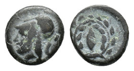 Aeolis, Elaia, mid 4th-3rd century BC. Æ (10mm, 1.24g). Helmeted head of Athena l. R/ Grain-seed within olive-wreath. SNG Copenhagen 171-2. Good Fine