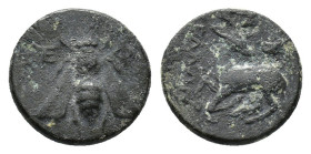 Ionia, Ephesos, c. 4th century BC. Æ (14mm, 2.02g). Apoll-(?) magistrate. Bee. R/ Stag kneeling l., head r.; astragalos above. Cf. SNG Copenhagen 247-...