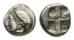 Ionia, Phokaia, c. 510-494 BC. AR Diobol (8mm, 1.21g). Helmeted female head l., hair in sakkos. R/ Four-part incuse square. SNG Copenhagen 389-94 (Unc...