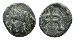 Ionia, Phokaia, c. 2nd century BC. Æ (11mm, 1.71g). Head of Hermes l., wearing petasos. R/ Monogram of Phokaia in form of caduceus. Cf. SNG Copenhagen...