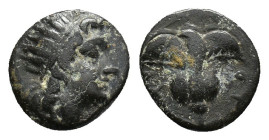 Islands of Caria, Rhodes, early 2nd century BC. Æ (12mm, 1.19g). Radiate head of Helios r. R/ Rose. HGC 6, 1481. Near VF