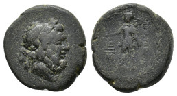 Lydia, Blaundos, 2nd-1st centuries BC. Æ (19.5mm, 8.74g). Laureate head of Zeus r. R/ Hermes standing l., holding purse and kerykeion; monogram to l.;...