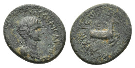 Lydia, Hierocaesarea, c. AD 54-59. Æ (16mm, 3.10g). Kapitonos, magistrate. Draped bust of Artemis r., bow and quiver at shoulder. R/ Forepart of stag ...