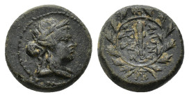 Lydia, Sardeis, 2nd-1st century BC. Æ (15mm, 4.62g). Laureate head of Apollo r. R/ Ethnic around club within wreath; monogram to r. SNG Copenhagen 470...