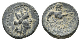 Phrygia, Amorion, 2nd-1st century BC. Æ (15mm, 3.34g). Head of Tyche r. R/ Lion leaping r.; monograms to l. Cf. BMC 6; HGC 7, 653. Near VF