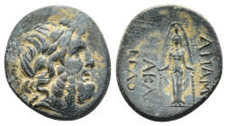 Phrygia, Apameia, c. 100-50 BC. Æ (21mm, 6.63g). Herakle-, and Eglo-, magistrates. Laureate head of Zeus r. R/ Cult statue of Artemis Anaïtis facing. ...