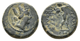 Phrygia, Apameia, c. 88-40 BC. Æ (15mm, 4.45g). Metro... and Klea..., magistrates. Turreted bust of Tyche r. R/ The satyr Marsyas r., blowing on his f...