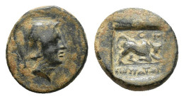 Phrygia, Kibyra, late 2nd-1st centuries BC. Æ (12.5mm, 1.91g). Helmeted head of Athena r. R/ Humped bull butting r. within square incuse. SNG Copenhag...
