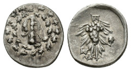 Phrygia, Laodikeia, c. 160-145 BC. AR Cistophoric Drachm (16mm, 3.08g). Lion's skin draped over club; all within wreath. R/ Grape bunch on vine; monog...
