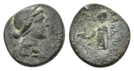Phrygia, Laodikeia, c. 88-48 BC. Æ (15mm, 3.46g). Diademed head of Aphrodite (Laodike?) r. R/ Aphrodite standing l., holding dove; rose to l. BMC 27-3...