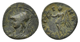 Phrygia, Laodicea ad Lycum. Pseudo-autonomous, late 1st century AD(?). Æ (13mm, 1.52g). Helmeted and draped bust of Athena l. R/ Nike walking l., hold...