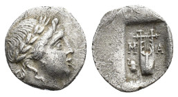 Lycian League, Masikytes, c. 40-35 BC. AR Hemidrachm (14mm, 1.60g). Laureate head of Apollo r. R/ Lyre; to lower l. serpent coiled around omphalos; al...