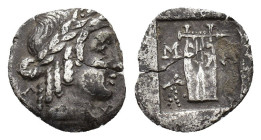 Lycian League, Masikytes, c. 30-27 BC. AR Hemidrachm (12.5mm, 0.99g). Laureate head of Apollo r. R/ Lyre; palm tied with fillets to l. RPC I 3305; Tro...