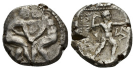 Pamphylia, Aspendos, c. 420-410 BC. AR Stater (21mm, 10.96g). Two wrestlers grappling. R/ Slinger standing r.; triskeles. Tekin Series 3; SNG BnF 46-7...