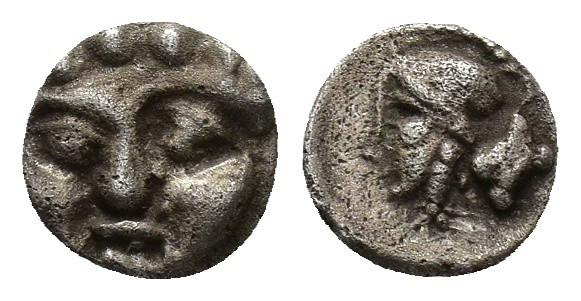 Pisidia, Selge, c. 350-300 BC. AR Obol (9mm, 0.86g). Facing gorgoneion. R/ Helme...