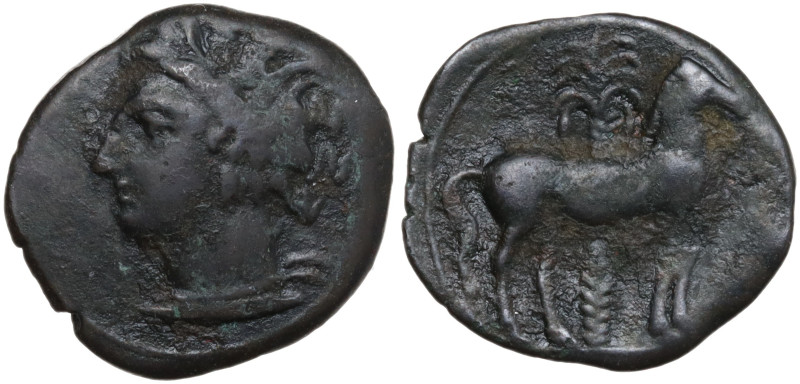 Carthage, c. 400-350 BC. Æ (16mm, 2.16g). Wreathed head of Tanit l. R/ Horse sta...