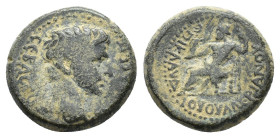 Tiberius (14-37). Phrygia, Synnada. Æ (18mm, 6.12g). Klaudios Valerianos, magistrate. Bare head r. R/ Zeus seated, l., with Nike and sceptre. RPC I 31...