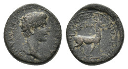 Germanicus (Caesar, 15 BC-AD 19). Phrygia, Apameia. Æ (14mm, 3.52g). Gaius Julius Callicles, magistrate. Bare head r. R/ Stag standing r. on maeander ...