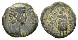 Gaius (Caligula, 37-41). Phrygia, Aezanis. Æ (18.5mm, 4.53g). Lollios Klassikos, Lollios Roufos, magistrates. Radiate head r. R/ Zeus of Aezanis stand...