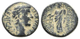 Claudius (41-54). Phrygia, Cadi. Æ (18mm, 4.25g). Demetrius Artemas, magistrate. Laureate head r. R/ Jupiter standing l., holding eagle and sceptre; m...