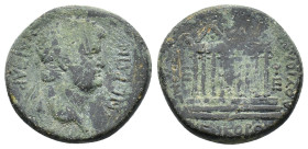 Nero (54-68). Ionia, Ephesus. Æ (26mm, 12.24g). M. Acilius Aviola, proconsul, and Aichmokles, magistrate. Laureate head r. R/ Three-quarter view of te...