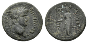 Nero (54-68). Lydia, Apollonoshieron. Æ (19mm, 3.32g). Laureate head r. R/ Apollo standing facing, head l., holding patera and lyre. RPC I 3045; GRPC ...