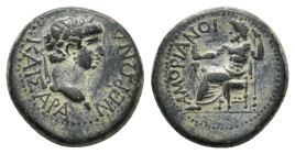 Nero (54-68). Phrygia, Amorium. Æ (18mm, 5.13g). Leukios Ioulios Kato, magistrate. Laureate head r. R/ Zeus seated l., holding thunderbolt and sceptre...