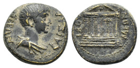 Nero (54-68). Phrygia, Docimeum. Æ (18mm, 4.51g), c. AD 55. Bareheaded and draped bust r. R/ Hexastyle temple on podium with steps; shield in pediment...