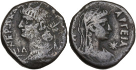 Nero (54-68). Egypt, Alexandria. BI Tetradrachm (23mm, 11.80g), year 14 (AD 67/8). Radiate bust l., wearing aegis; L I∆ (date) below chin. R/ Diademed...