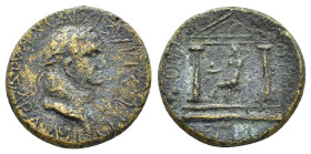 Vespasian (69-79). Phrygia, Amorium. Æ (23mm, 9.28g). L. Antonios Longeinos, magistrate. Laureate head r. R/ Zeus seated l., wthin distyle, holding th...