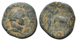 Titus (79-81). Pisidia, Antioch. Æ (20mm, 6.88g). Laureate head r. R/ Founder plowing r.; crescent above. RPC II 1605; SNG BnF 1076-7. Fine