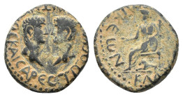 Titus and Domitian (Caesares, 69-81). Lycaonia, Laodicea Combusta. Æ (18mm, 4.80g). Confronted bare heads of Titus and Domitian. R/ Cybele seated l., ...
