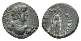 Domitian (Caesar, 69-81). Lydia, Flavia Philadelphia. Æ (14mm, 3.28g). Bare-headed and cuirassed bust r. R/ Apollo standing r., holding plectrum and l...