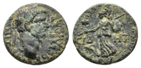 Domitian (81-96). Pamphylia, Side. Æ (18.5mm, 4.85g). Laureate head r. R/ Athena advancing l., holding spear and shield; pomegranate and serpent l. RP...