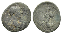 Trajan (98-117). Pamphylia, Side. Æ (17mm, 3.00g). Laureate bust r., with slight drapery. R/ Athena Promachos advancing l., holding pomegranate, spear...