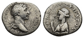 Trajan (98-117). Cappadocia, Caesaraea-Eusebia. AR Drachm (19.5mm, 2.62g). AD 112-7. Laureate bust r., slight drapery on l. shoulder. R/ Bust of Artem...