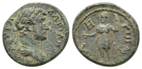 Hadrian (117-138). Pamphylia, Side. Æ (24mm, 9.84g). Laureate and draped bust r. R/ Apollo Sidetes standing l., holding pomegranate in his extended r....